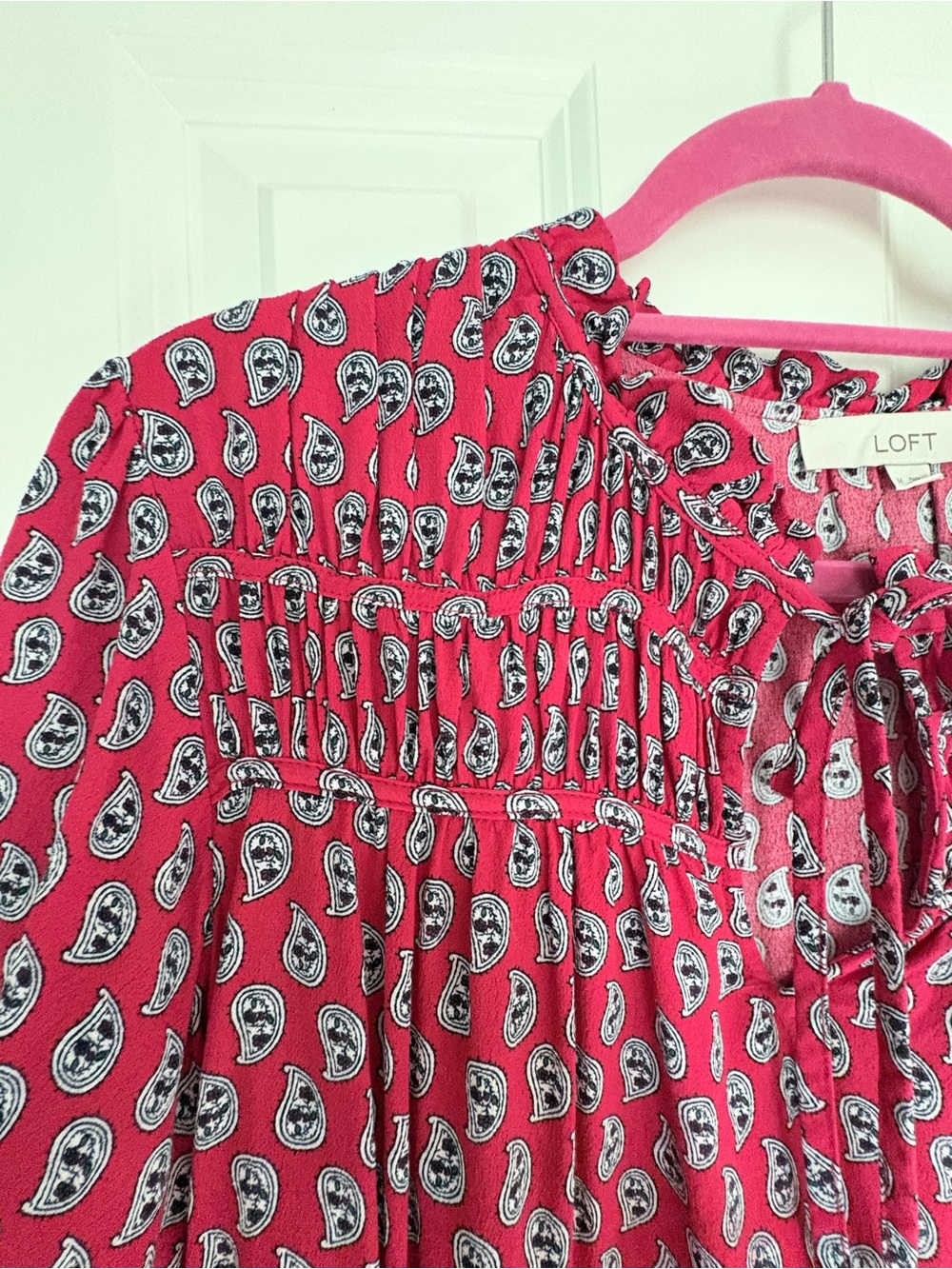 LOFT Red and Blue Paisley Short-Sleeve Smocked Yoke Blouse - Picture 3 of 6